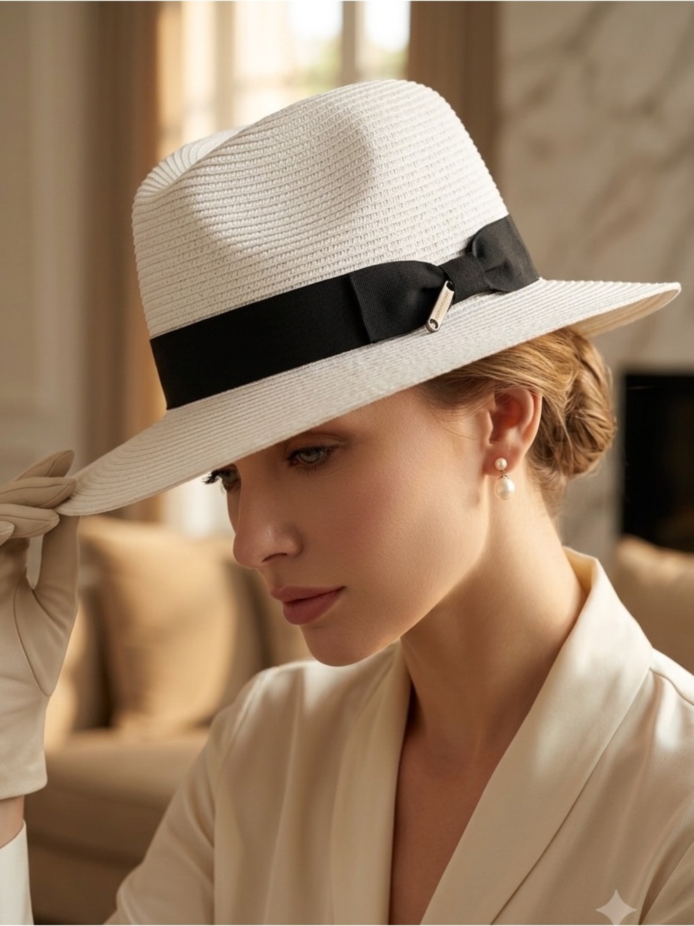 Straw Fedora Sun Hat with Black Ribbon Accent - Excellent Condition